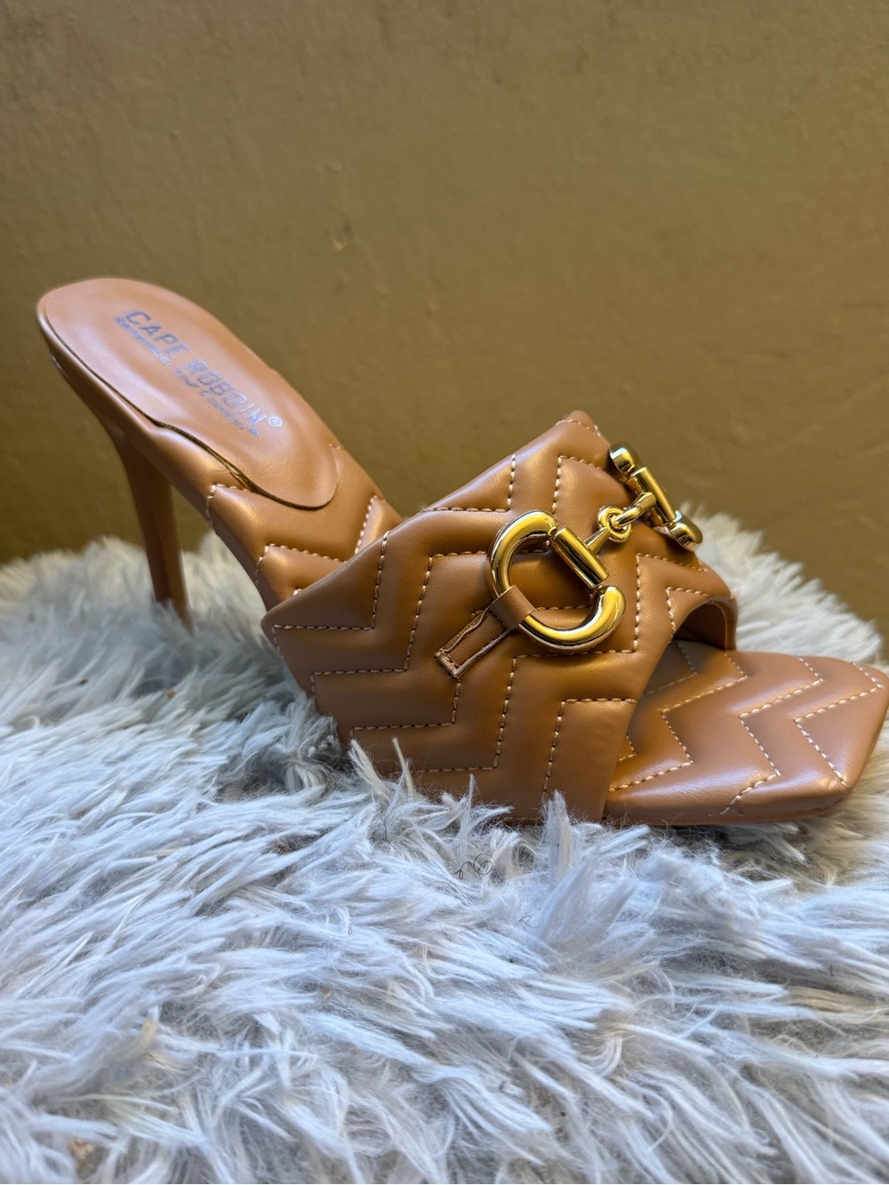 Cape Robbin Tan Quilted Mule with Gold Buckle Accent